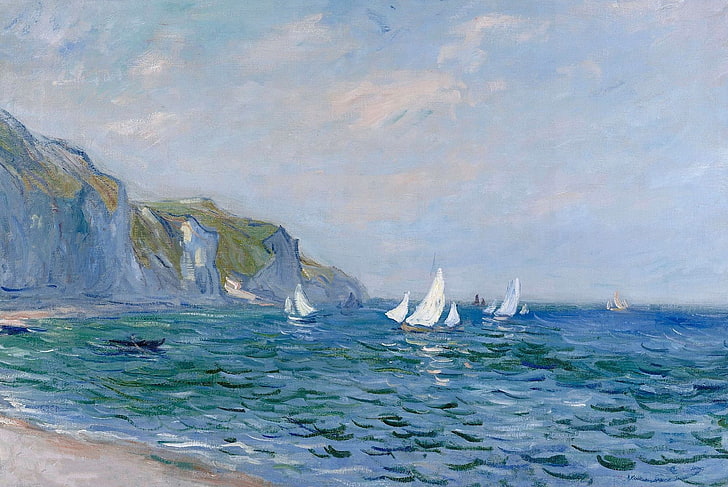 resim, deniz manzarası, Claude Monet, Kayalıklar ve Yelkenli Tekneler Purvile'de, HD masaüstü duvar kağıdı