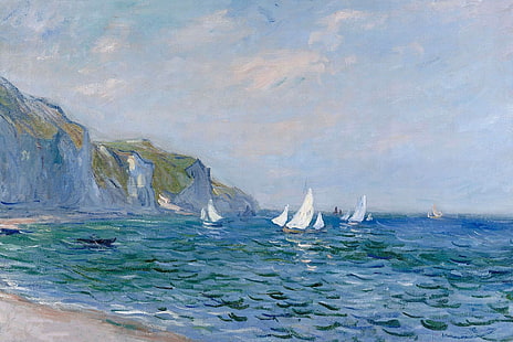 絵、海景、クロード・モネ、パーヴィルの崖とヨット、 HDデスクトップの壁紙 HD wallpaper