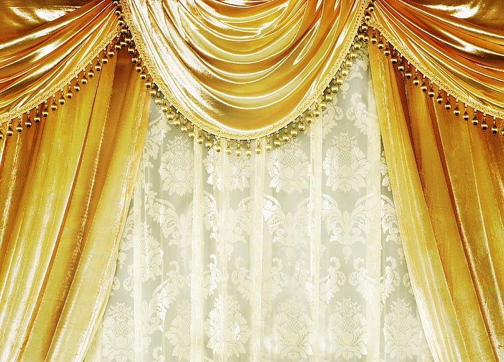 Curtains, Gold, Velvet curtains, Damask, HD wallpaper