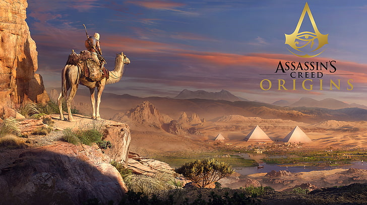 Assassins Creed Origins Game 2017 8K, papel de parede de Assassin's Creed Origins, Jogos, Assassin's Creed, Paisagem, Equitação, Egito, Jogo, Aventura, camelo, antigo, Pirâmides, 2017, videogame, AssassinsCreed, ptolemaic, camelback, HD papel de parede