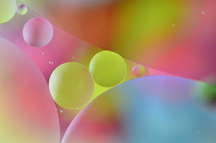 three green and pink balls, color, oil, water, multicolored, air, following, HD wallpaper