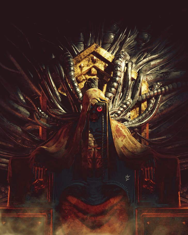 Warhammer 40.000, Science Fiction, High Tech, Emperor of Mankind, Drähte, Augmentation, Kutte, Skelett, goldener Thron, HD-Hintergrundbild, Handy-Hintergrundbild