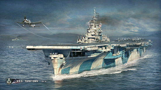 World of Warships, artwork, video games, aircraft carrier, Grumman F6F Hellcat, HD wallpaper HD wallpaper