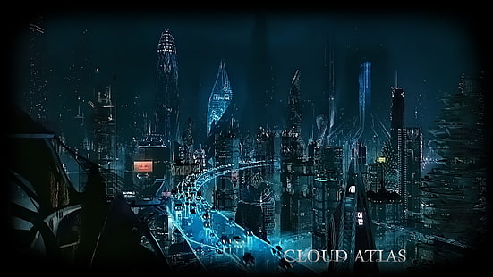 Cloud Atlas papel de parede, filmes, pôsteres de filmes, pôsteres de filmes, Cloud Atlas, ficção científica, construção, futurista, cidade futurista, carro, arranha-céu, HD papel de parede HD wallpaper
