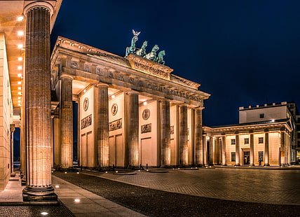 ประตูบรันเดนบูร์กคืนเมืองเยอรมนีแสงพื้นที่สถาปัตยกรรมเบอร์ลินประตูบรันเดนบูร์กประตูบรันเดนบูร์ก, วอลล์เปเปอร์ HD HD wallpaper