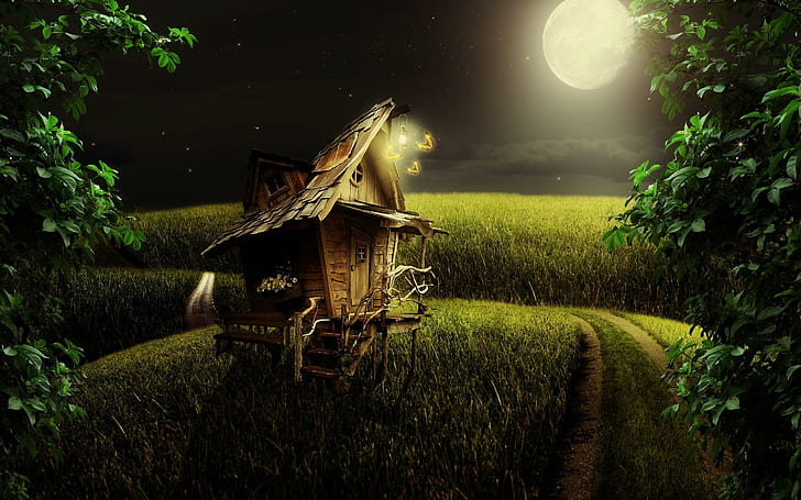 달빛에 작은 나무 집, 녹색 잔디 필드 페인팅, 디지털 아트, 2560x1600, 집, 별, 나무, 필드, 달에 둘러싸인 갈색 목조 주택, HD 배경 화면