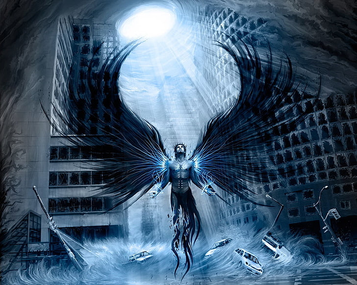 male angel digital wallpaper, doomsday, guy, sky, wings, HD wallpaper