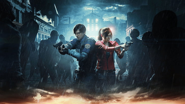 Resident Evil digital tapet, Resident Evil 2, videospel, Claire Redfield, Resident Evil, Leon S. Kennedy, cyan, zombies, HD tapet