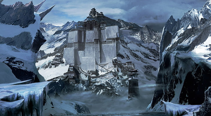 Замок, замок между скальными образованиями иллюстрации, художественные, фэнтези, замок, замковое искусство, фэнтези, зима, горы, HD обои
