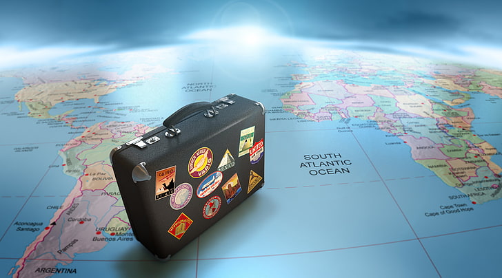 black leather briefcase on world map wallpaper, map, suitcase, journey, globe, HD wallpaper