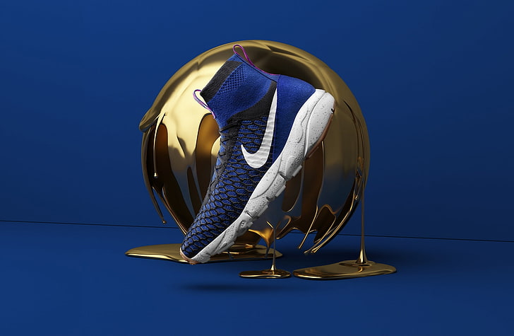 Fajne buty Nike, złota piłka, niebieskie tło, sport, piłka nożna, niebieski, piłka nożna, projekt, trampki, buty, złoto, Nike, 3DPrint, NikeFC, GoldenBalls, SportStyle, Tapety HD