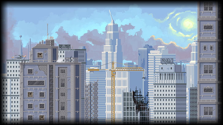 pixels, pixel art, pixelated, building, skyscraper, cityscape, cranes (machine), clouds, digital art, HD wallpaper
