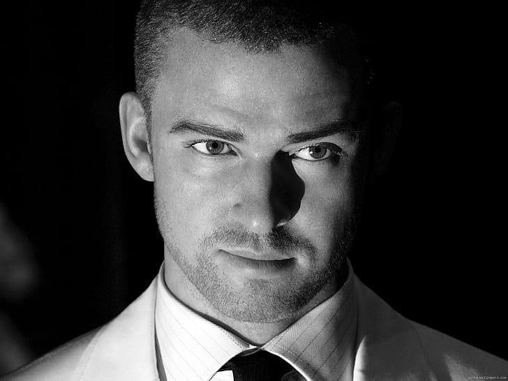 Justin Timberlake in black and white, men's formal coat, justin, timberlake, celebrity, singer, music, HD wallpaper
