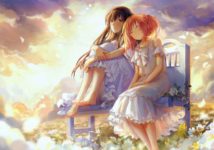 two women anime characters sitting on bench poster, Mahou Shoujo Madoka Magica, Kaname Madoka, Akemi Homura, HD wallpaper