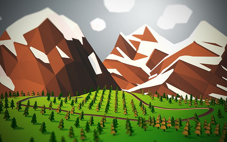 bruna snötäckta berg och grönt fält landskap illustration, låg poly, träd, berg, landskap, HD tapet
