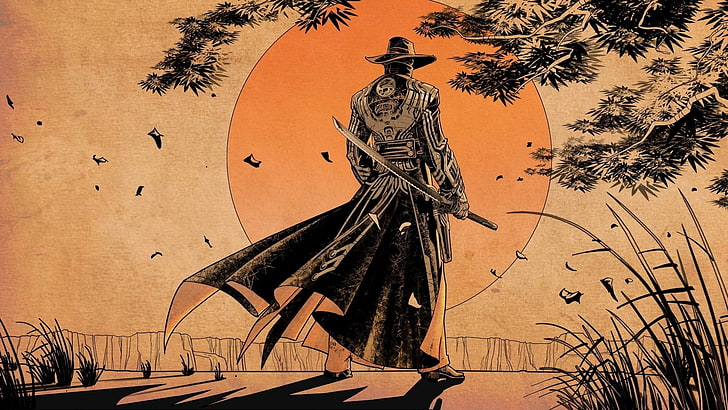 homme tenant l'épée papier peint, coucher de soleil, samouraï, épée, anime, Fond d'écran HD