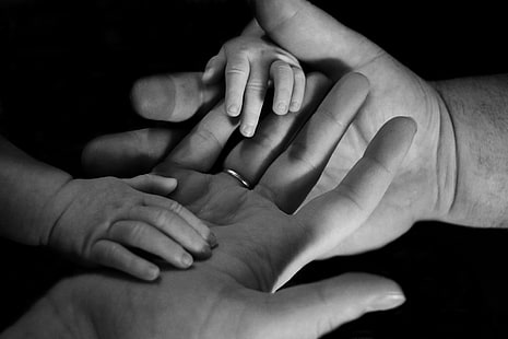 greyscale photography of baby hands touching adult hands, hands, child, family, bw, HD wallpaper HD wallpaper