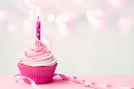 cupcake with candle, birthday, candle, cream, Happy Birthday, pink, cupcake, HD wallpaper HD wallpaper