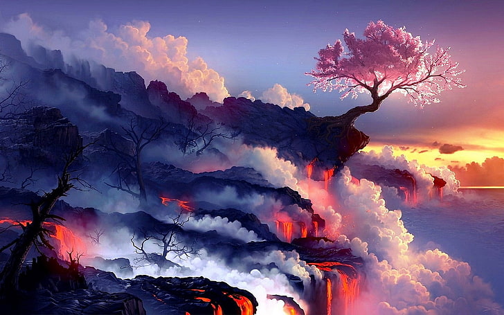 Erupção vulcânica magma HD fotografia wallpaper 0 .., árvore de flor de cerejeira, HD papel de parede