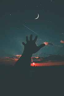 sagoma della mano umana sinistra, cielo stellato, mano, notte, cielo, luna, Sfondo HD HD wallpaper