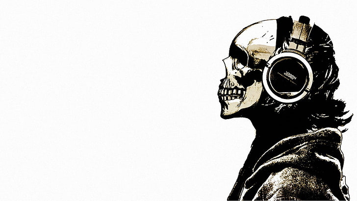 ヘッドフォンのアートワーク、頭蓋骨、ヘッドフォン、音楽、スケルトンを着て頭蓋骨、 HDデスクトップの壁紙