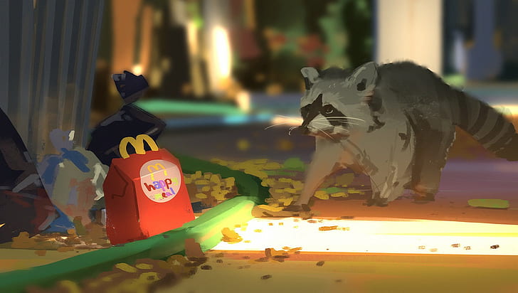 raccoons, McDonald's, artwork, painting, HD wallpaper