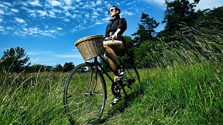 модел, жени, велосипед, природа, очила, жени с велосипеди, слънчеви очила, жени на открито, HD тапет