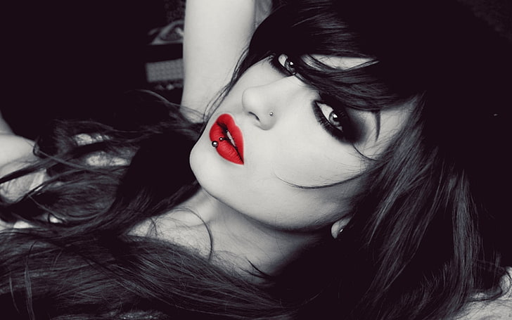 Dark Eyes, face, Niky Von Macabre, Nose Rings, Piercing, Red Lipstick, Selective Coloring, women, HD wallpaper