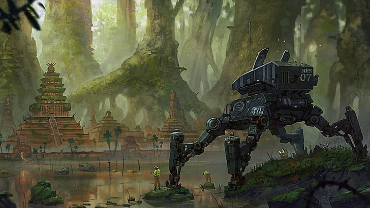 alberi rovine robot futuristico foresta rocce perù fiumi aztechi sciencefiction 1920x1080 foreste naturali arte HD, alberi, rovine, Sfondo HD