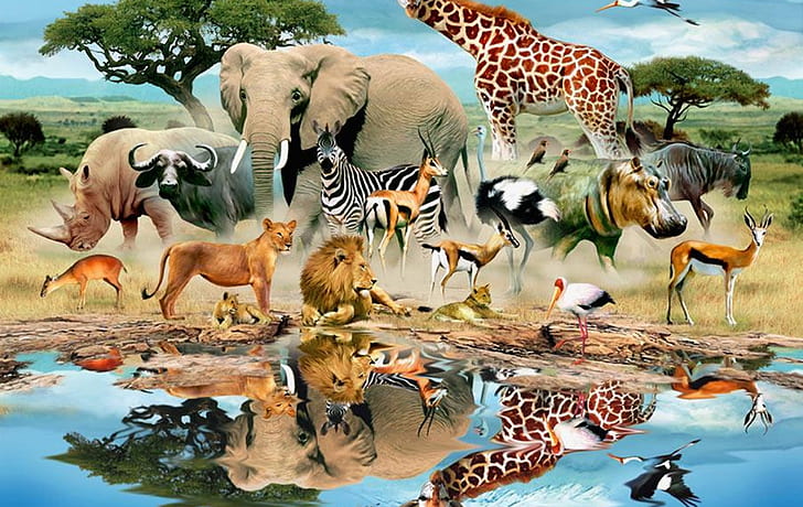Animales, mundo animal, mural, árboles, hierba, agua, reflexión, pintura de animales variados, animales, mundo animal, mural, árboles, hierba, agua, reflexión, Fondo de pantalla HD