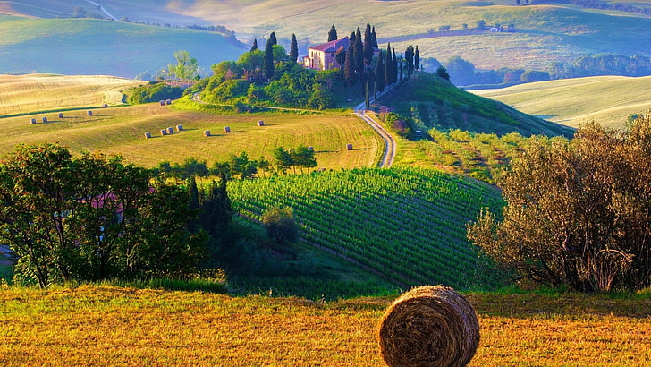 ферма, купа сено, пейзаж, терасовидно поле, вила, Тоскана, Италия, HD тапет