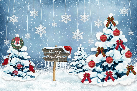 new year, christmas, card, christmas trees, snowflakes, ornaments, new year, christmas, card, christmas trees, snowflakes, ornaments, HD wallpaper HD wallpaper
