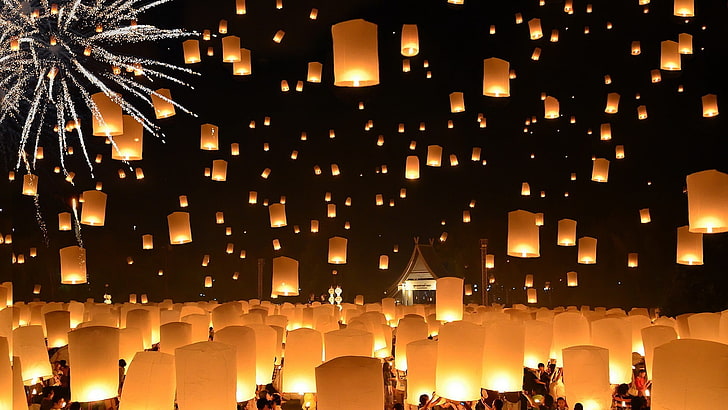 white paper lanterns, night, people, crowds, floating, lantern, Lantern Festival, candles, Thailand, fireworks, house, HD wallpaper