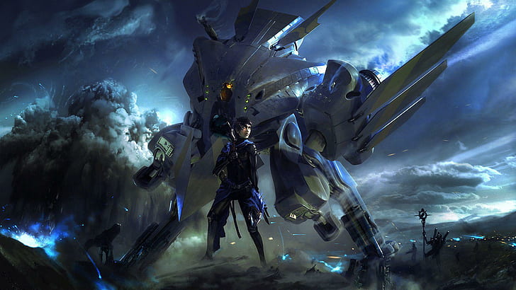 Futuristic battle, gray robot illustration, fantasy, 1920x1080, cloud, future, soldier, weapon, battle, mech, HD wallpaper