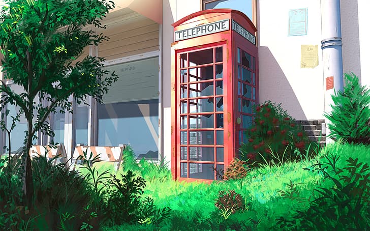 artwork, digital art, telephone, phone box, grass, abandoned, HD wallpaper