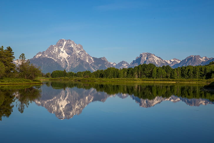 Snake River, Mt. Moran, National Park, body of water, National Park, river, forest, reflection, mountains, peaks, Wyoming, Snake River, Grand Teton, Mt. Moran, Rocky Mountain, HD wallpaper