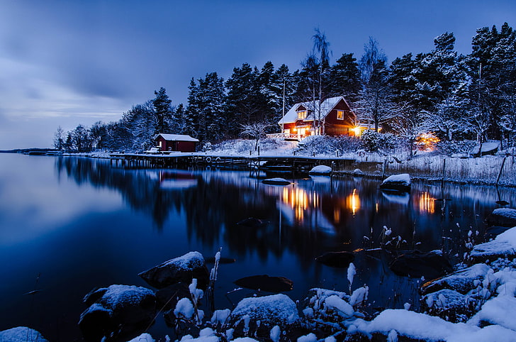 white and brown house, winter, forest, water, snow, trees, night, house, reflection, the evening, Sweden, Stockholm, HD wallpaper