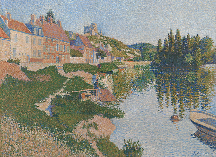 the city, river, boat, home, picture, Paul Signac, pointillism, Les Andelys, HD wallpaper