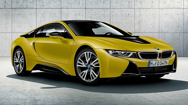 BMW, BMW i8, BMW i8 jaune congelé protonique, voiture, voiture de sport, Supercar, voiture jaune, Fond d'écran HD