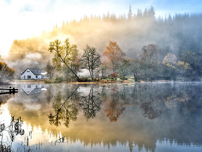 Beautiful painting, house, forest, lake, nature, morning, fog, Beautiful, Painting, House, Forest, Lake, Nature, Morning, Fog, Tapety HD HD wallpaper
