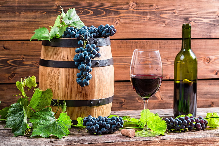 зеленая бутылка вина, листья, вино, красное, бокал, бутылка, виноград, лоза, бочка, HD обои