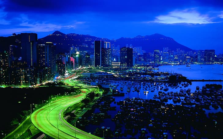 нощ, градът, светлини, небостъргачи, Хонконг, HD тапет