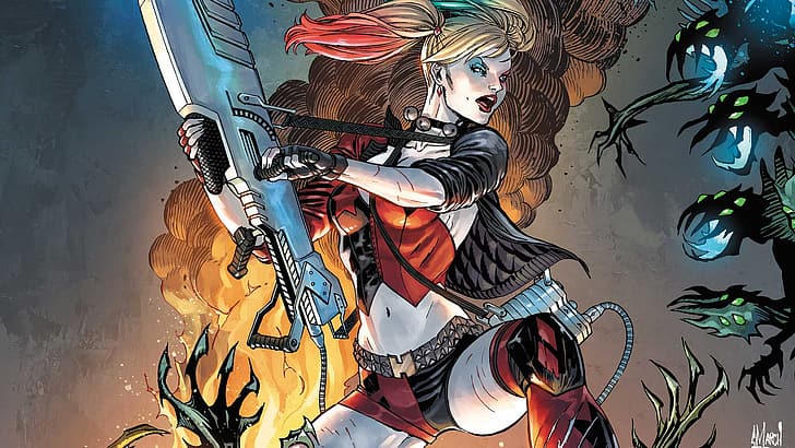 Harley Quinn, DC Comics, superheroines, women, aliens, weapon, fantasy art, fantasy girl, artwork, comic art, comics, HD wallpaper