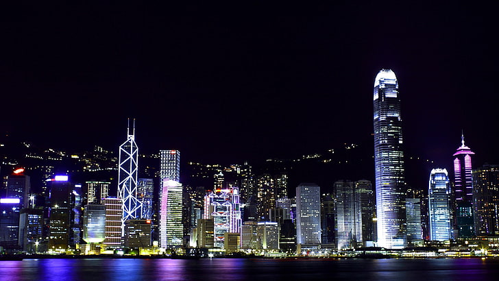 porto di Victoria, Hong Kong, Asia, luci della città, grattacieli, edifici, Sfondo HD