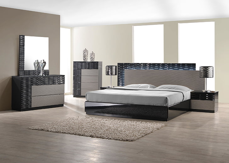 black and gray 5-piece bedroom furniture set, design, style, room, Villa, interior, bedroom, HD wallpaper