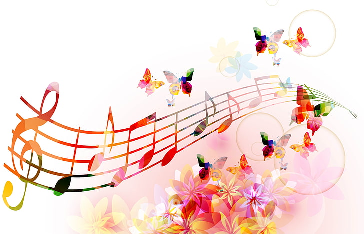 assorted-color music notes clip, butterfly, flowers, notes, HD wallpaper