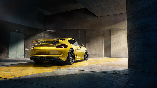 Porsche Cayman GT4, samochód, widok z tyłu, żółty samochód, porsche cayman gt4, samochód, widok z tyłu, żółty samochód, Tapety HD HD wallpaper