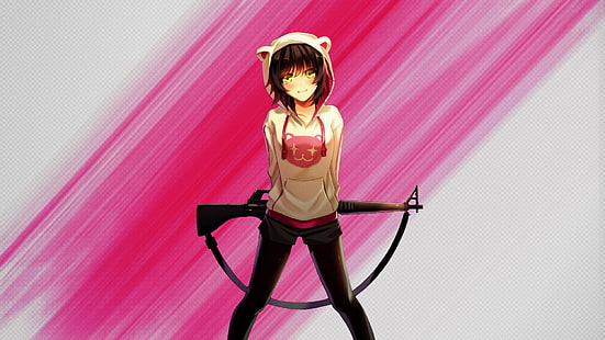 weibliche Anime Charakter Wallpaper, Anime Mädchen, Anime, Kapuzen, Waffe, Originalfiguren, Strumpfhosen, Shorts, M16, Maschinengewehr, HD-Hintergrundbild HD wallpaper