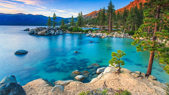 Lake Tahoe Rv Parks Kalifornien Usa Blue Water Rocks Pine Trees Clear Sky Summer Hd Wallpaper For Desktop 1920 × 1200, HD tapet HD wallpaper