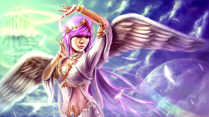 Fioletowe włosy dziewczyna anioł fantasy, skrzydła z piór, fiolet, włosy, fantazja, anioł, dziewczyna, skrzydła, pióro, Tapety HD